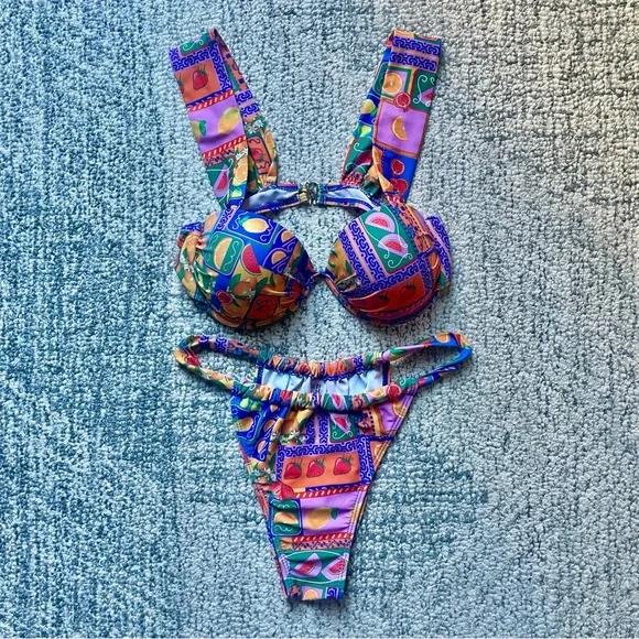 Adorable Fruit Print Bikini Set Push-Up Top Cheeky Bottoms Multicolor - Picture 9 of 9